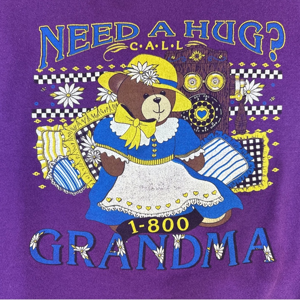 Grannycore Sweater "Need a Hug? Call 1-800-GRANDMA" Teddy Bear Purple‎